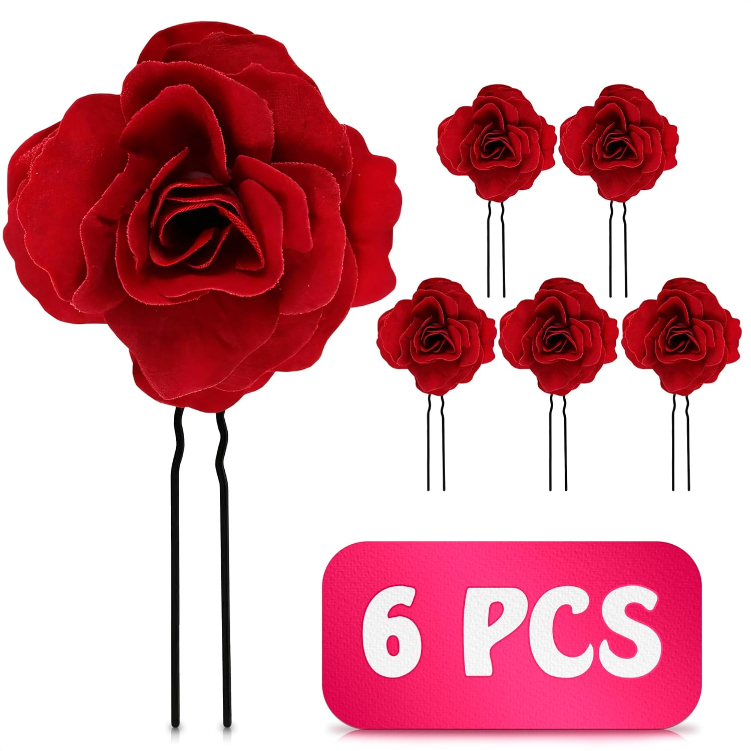 Red rose flower hair clips for women